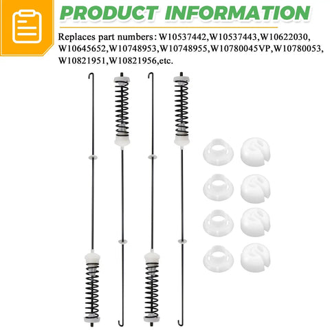 Heavy Duty Washer Suspension Rods Kit Four Pack Replace W10780045 W10537442 for Whirlpool Kenmore Maytag Amana, includes rod dampeners.