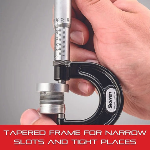 Beefed Up Outside Micrometer With One Piece Spindle And Tapered Frame For Narrow Slots Quick And Easy Adjustment in hand