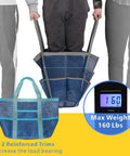 Big Mesh Beach Bag For Fam Trips fits weight up to 160 lbs, shows reinforced trims, highlighting strength and durability.