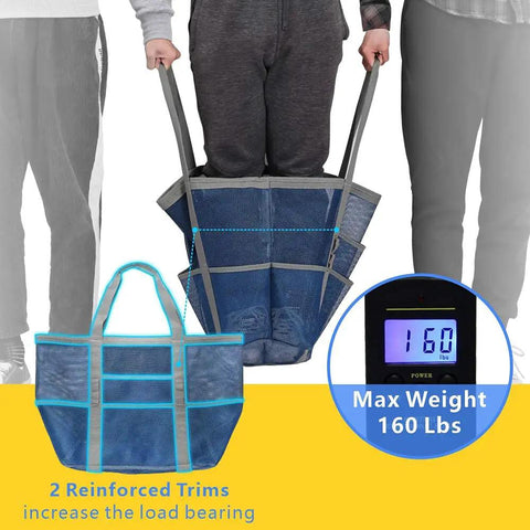 Big Mesh Beach Bag For Fam Trips fits weight up to 160 lbs, shows reinforced trims, highlighting strength and durability.