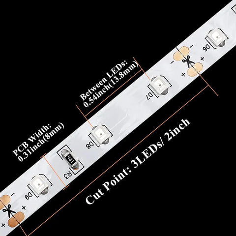 Close-up of Infrared LED Light Strip 850nm 16.4ft DC12V Flexible 300 LEDs Cuttable showing LED spacing and cut points.