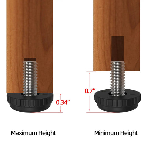 5/16 Inch Thread Leveling Feet Set showing maximum and minimum height adjustment for furniture legs.
