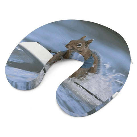 Ultra Comfy U Shaped Travel Neck Pillow For Flights And Long Hauls, Ergonomic Memory Foam Neck Support, squirrel water-skiing design