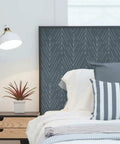 Navy And Gray Twig Hygge Herringbone Peel And Stick Wallpaper For Easy Rental Makeovers 20.5 Inch Wide By 16.5 Feet Long No Water No Mess 100 Percent Removable On Smooth Surfaces on headboard in bedroom