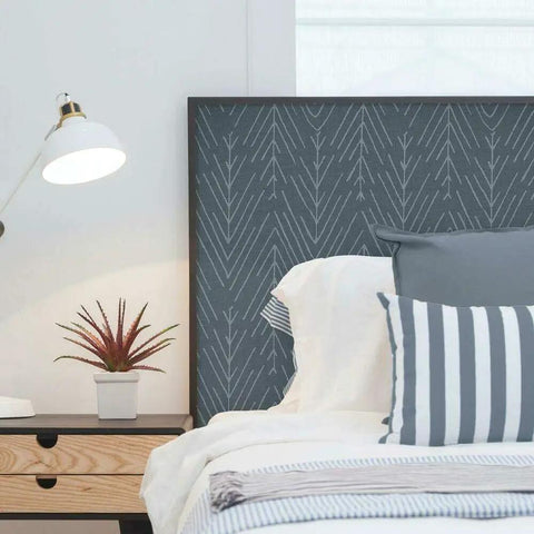 Navy And Gray Twig Hygge Herringbone Peel And Stick Wallpaper For Easy Rental Makeovers 20.5 Inch Wide By 16.5 Feet Long No Water No Mess 100 Percent Removable On Smooth Surfaces on headboard in bedroom