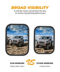 Comparison of wide vision doorless side mirrors for Wrangler vs other mirrors, illustrating broad visibility for off-road adventures.