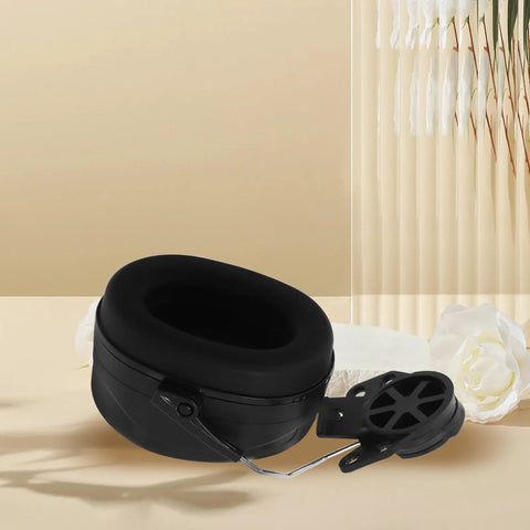 Heavy Duty Earmuffs Built Different Serving Killer Noise Reduction And Hard Hat Compatible Fit showing thick foam padding and black finish.