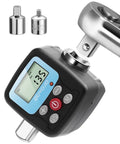 Digital Torque Wrench Adapter Kit With 4-135Nm Range And Electronic Display, shown with adapters and backlit LCD screen.