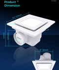 Sleek Ten Inch Ceiling Ventilation Fan With Built In Light Smooth Bath Exhaust Unit Designed To Quickly Whip Out Moisture And Stale Air delivering detailed dimensions showing 9.5 x 9.5 inch square.