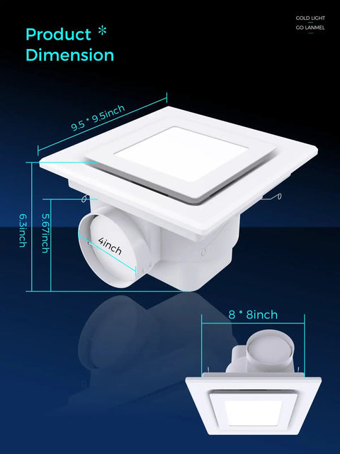 Sleek Ten Inch Ceiling Ventilation Fan With Built In Light Smooth Bath Exhaust Unit Designed To Quickly Whip Out Moisture And Stale Air delivering detailed dimensions showing 9.5 x 9.5 inch square.