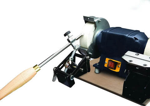 Deluxe Universal Sharpening System For Bowl And Spindle Gouges, Square Edge Tools, shown with bench grinder and jig setup