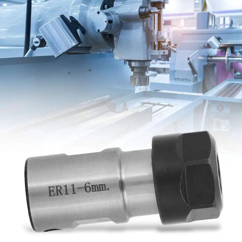 Heavy Duty C16 ER11 Milling Holder Chuck Collet Spacer Sleeve For Deep Hole Metal Machining With 6mm Shaft Diameter displayed on CNC machine.