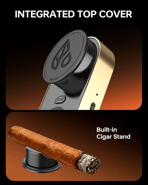 Pro-Grade Digital Cigar Hygrometer With 3-Probe Core Moisture Meter For Humidor Humidity And Ambient Sensing, Real-Time Cigar Moisture Readout, Ultra Precise, Easy To Read Display, Gold Finish with built-in cigar stand and top cover