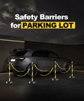 Car parked with Six Pack Traffic Delineator Posts with Fillable Bases and safety barrier chain in a lot, high visibility black and yellow.