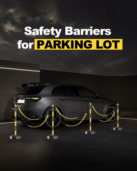 Car parked with Six Pack Traffic Delineator Posts with Fillable Bases and safety barrier chain in a lot, high visibility black and yellow.