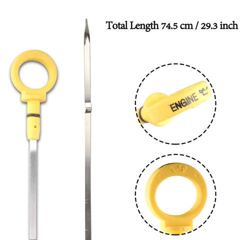 Engine Oil Level Dipstick Gauge Replacement For Chrysler Pacifica 2007 2008 Town And Country 2008 2010 Grand Caravan 2008 2010 Nitro 2007 2011 4.0L V6 Easy Drop In Install With 4593604AA Part Number showing dipstick length and yellow handle close-up.