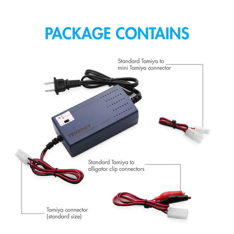 Package of Smart Battery Charger for NiMH NiCd RC Batteries 7.2V to 12V 6S to 10S with connectors and alligator clip.