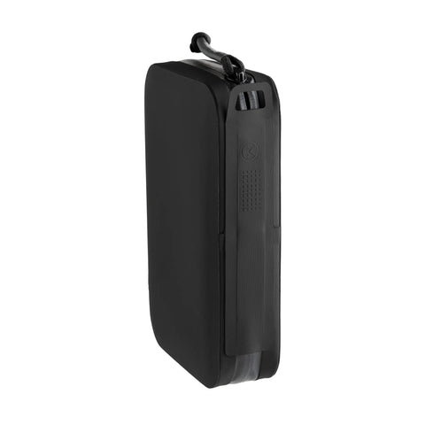 Side view of DAKA Utility Organizer Compact SemiRigid Case for Gear and Electronics, weather-resistant pouch in black.