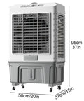 Beat The Sweltering Heat With This Hella Smooth Evaporative Air Cooler Portable 3 Speed Swamp Fan Offering 120 Degree Oscillation And Huge 55L Water Tank, showing dimensions and design.