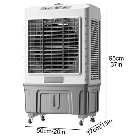 Beat The Sweltering Heat With This Hella Smooth Evaporative Air Cooler Portable 3 Speed Swamp Fan Offering 120 Degree Oscillation And Huge 55L Water Tank, showing dimensions and design.