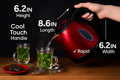 Red One Point Two Liter Cordless Electric Kettle 1500 Watt Fast Boil Stainless Steel Portable Tea Pot in use with cups