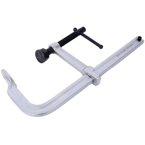 Heavy Duty F Clamp For Welding Woodworking 5.5 Inch Deep Throat 12 Inch Capacity With Swivel Pads And Drop Forged Steel Arm close-up view showing the clamp design and mechanism.