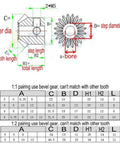Technical diagram of Dope 1.5 Mod Bevel Gear Set With 15T And 30T, 90 Degree 1 To 2 Drive Pairing highlighted measurements table