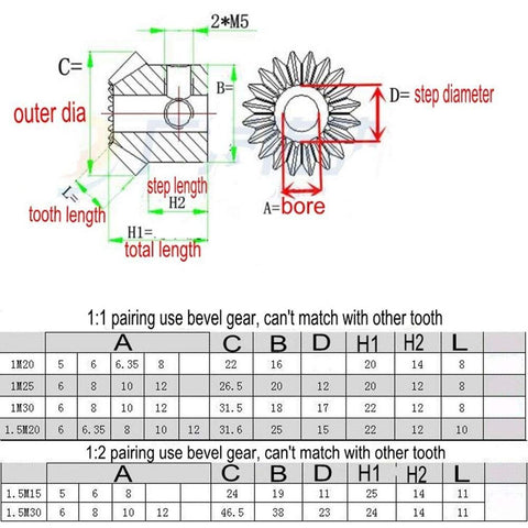Technical diagram of Dope 1.5 Mod Bevel Gear Set With 15T And 30T, 90 Degree 1 To 2 Drive Pairing highlighted measurements table