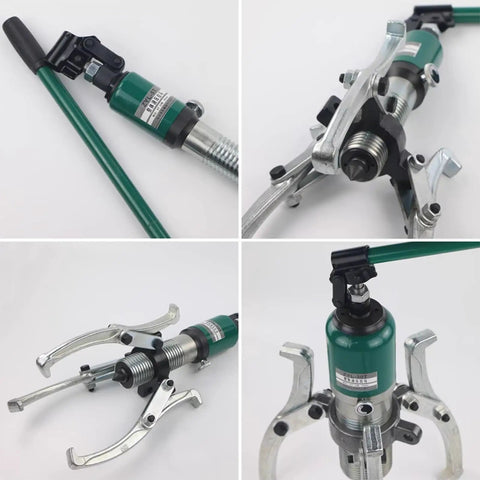 Heavy Duty 5 Ton Hydraulic Gear Puller Kit With Swappable 2 Jaw and 3 Jaw Option for Smashing Out Wheel Bearings Pulleys Fast Using Professional Grade Forged Steel Built to Resist Rust Oil Leaks Good for Garage Shops or DIY Hobbyist Needs shown with 2 and 3 jaw setups