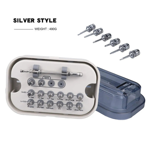 Universal Screwdriver Implant Tool Kit With 12 Drivers And Wrench for Short and Long Bits in 8.5mm and 13.5mm 10-70Ncm Torque, open case.