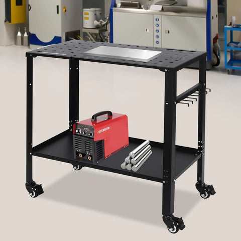 Heavy Duty Welding Table 36 By 18 Inches With A Rock Solid 1200 Lb Capacity Machined Steel Top And Five Eighths Inch Grid Holes Portable Shop Workbench With Brake Casters Built Tough with welding machine and tools.