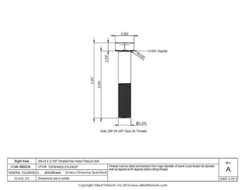 Top Shelf Grade Five Titanium Hex Head Bolts 3/8-24 By 2 Inch UNF detailed technical drawing dimensions.