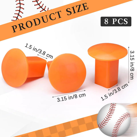 8 Pack Rubber Baseball Base Plugs For Field Ground Receptacles showing size dimensions and orange color.