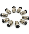Male Straight Pneumatic Push-In Connector For 4mm PTFE Bowden Tubing, M10 Thread, Stainless Steel Quick-Fit For E3D V6 Bowden Extruder, 3D Printer, Pack Of 10 arranged on white background