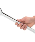 30 mm Combination Wrench With Angled Open End For Tight Spaces And 12-Point Box End For Extra Access Pro Grade Rugged Steel Hand Tool Built To Last Ideal Metric Wrench For Quick Turns In DIY Projects And Professional Jobs., chrome 30 mm combination wrench held in hand