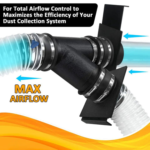 Heavy Duty 2 Pack 2.5 Inch Dust Collector Blast Gates with ABS plastic, shown with tubing for airflow control in workshop.