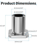 Four Pack LMK12UU Square Flange Linear Ball Bearings 12mm ID, 21mm OD, 30mm Length With Double Seals showing product dimensions