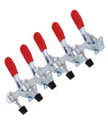 Heavy Duty Horizontal Toggle Clamps Clutch Tight Grip For Woodworking Jigs Welding Fixtures Electroplated Rustproof Steel Shop Built Assembly Hardware 5 Piece showing five clamps with red rubber grips.
