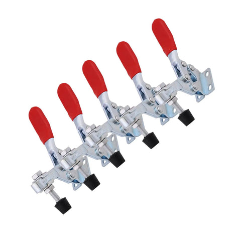 Heavy Duty Horizontal Toggle Clamps Clutch Tight Grip For Woodworking Jigs Welding Fixtures Electroplated Rustproof Steel Shop Built Assembly Hardware 5 Piece showing five clamps with red rubber grips.