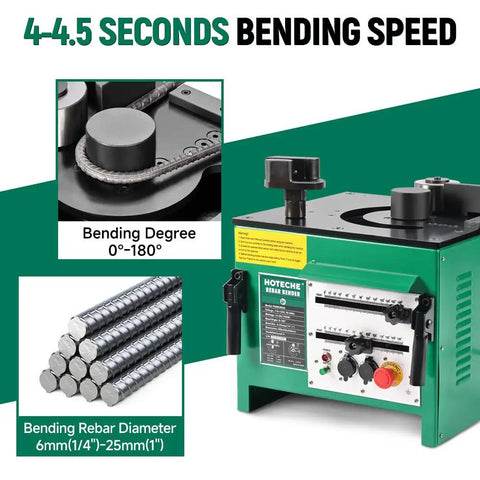 Professional 1700W Electric Hydraulic Rebar Bender With Foot Pedal For Thick Steel Bars Up To One Inch Capacity showcasing controls and rebar specs.