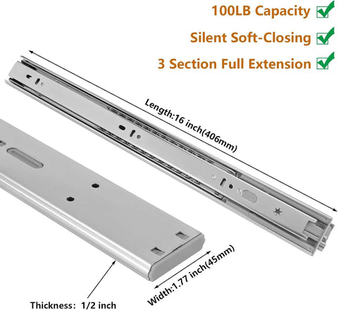 Five Pairs Of 16 Inch Soft Close Ball Bearing Drawer Slides With 100 Pound Capacity, Full Extension, Heavy Duty Steel Construction