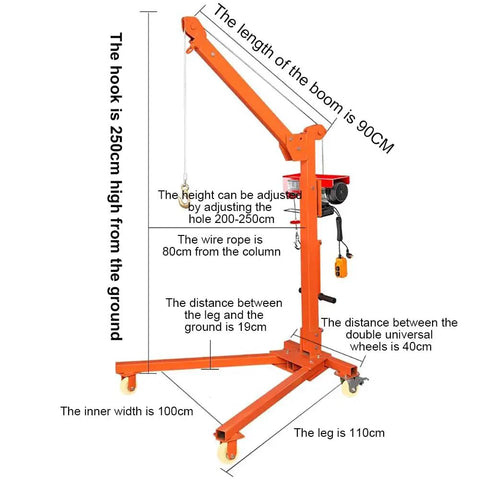 Heavy Duty Electric Hoist Crane showing dimensions; features adjustable boom, sturdy steel frame, and portability for workshops.