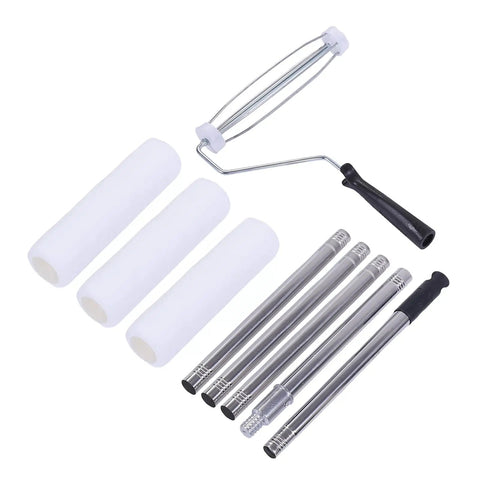 9 Inch Adjustable Paint Roller Set With Telescoping Extension Pole And Woven Fleece Covers For Walls And Ceilings Smooth Glide White Frame Easy Hustle Painting Kit components, including fleece covers and pole.