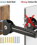 Image showing proper installation of Tough Folding Grab Bars For Stairs And Doorways on a solid wall versus a hollow wall, featuring installation hardware.