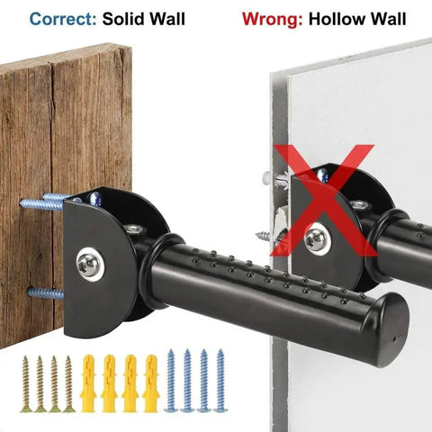 Image showing proper installation of Tough Folding Grab Bars For Stairs And Doorways on a solid wall versus a hollow wall, featuring installation hardware.