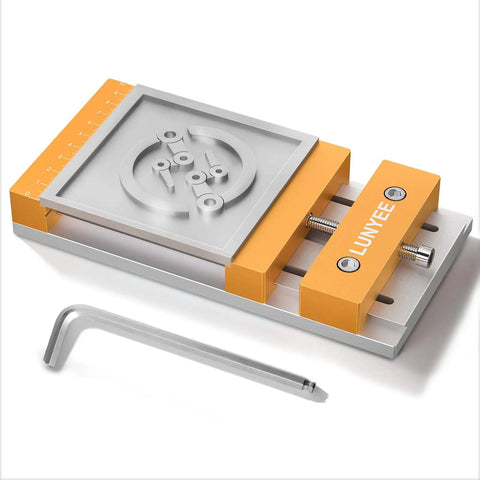 High Precision CNC Vise Worktable For Desktop Router Machines 7.87 By 3.94 Inch 20x10cm Clamp Range 136mm Stable Design For Woodworking And Metalworking Compatible With Most Desktop CNC Routers, shown with L-shaped hex key.
