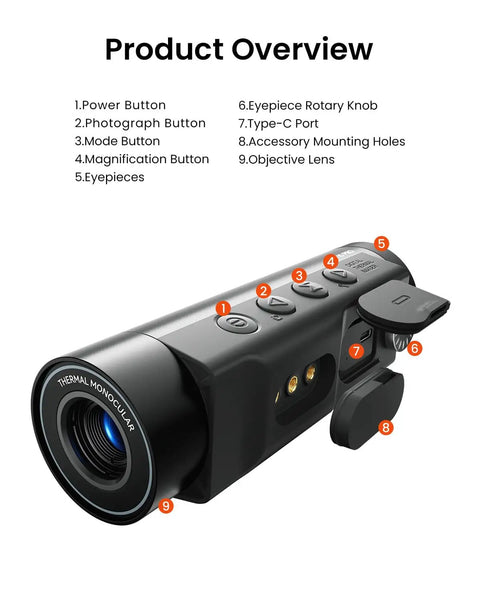 Thermal Monocular Pro With 320x240 IR Sensor And 400x300 Pixel Clarity 50Hz Refresh Aircraft Mg Al Alloy Body Handheld Night Vision Camera, side view