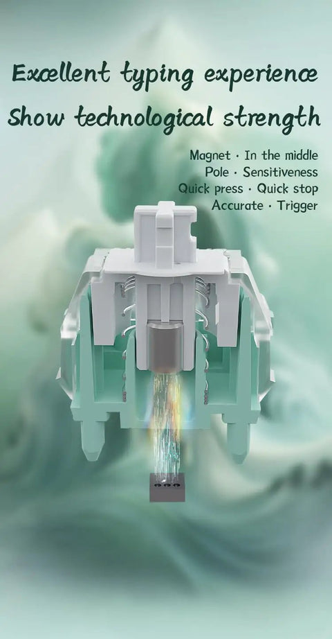 Cross-section view of Magnetic Jade Keyboard Switches, Linear Pre Travel, Freely Adjustable Travel with highlighted magnet components.