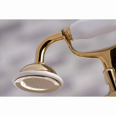 Chrome hand shower detail of Charleston Deck Mount Clawfoot Tub Filler With Hand Shower Six And A Half Inch Centerset Classic Charleston Vibe