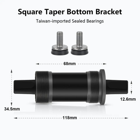 Square taper bottom bracket with Taiwan-imported sealed bearings and dimensions, part of Mountain Bike Crankset 1X Square Taper 104 BCD 170mm With 32T 34T 36T Options For Single Speed BMX And Trail Riding Durable Uncoated Arms For Smooth Shifting And Quiet Pedal Feel